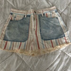 Striped Denim Fringe Shorts